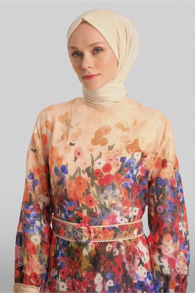 Armine Şerit Detaylı Desenli Elbise 24y9836 Şeftali