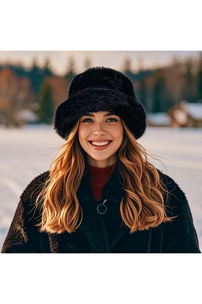 MARBERRY Black Faux Fur Plush Heart Women's Hat