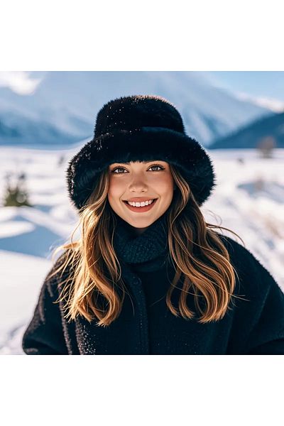 MARBERRY Black Faux Fur Plush Heart Women's Hat