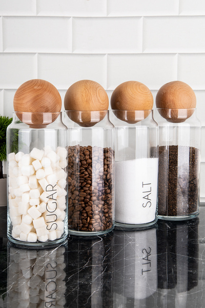 DNS HOME Set of 4 Tea, Sugar, Coffee, Salt and Glass Storage with Clear Labeled Wooden Ball Cover for 1300ml