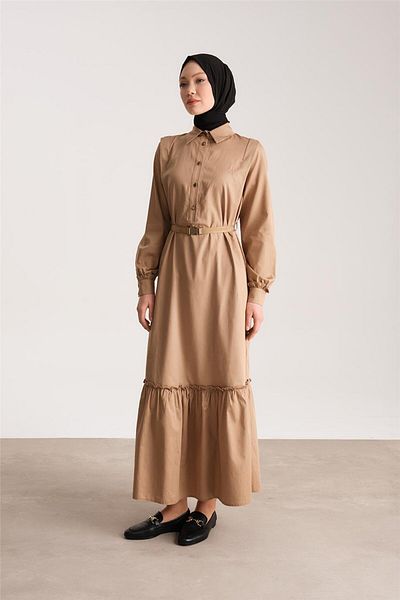 Armine Φόρεμα Camel Cotton Gabardine - Κουμπί, Μοντέλο No: 24y9807
