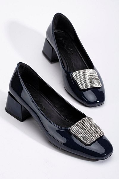 Dilimler Ayakkabı Velké dámské boty na nízkém podpatku z lakované kůže Square Stone Navy Blue