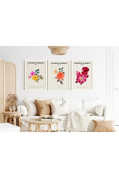Efsa Sanat Tasarım Σετ ζωγραφικής 3 τεμαχίων με κορνίζα Floral - Σετ ζωγραφικής Modern Flower Market - Σετ ζωγραφικής σαλονιού