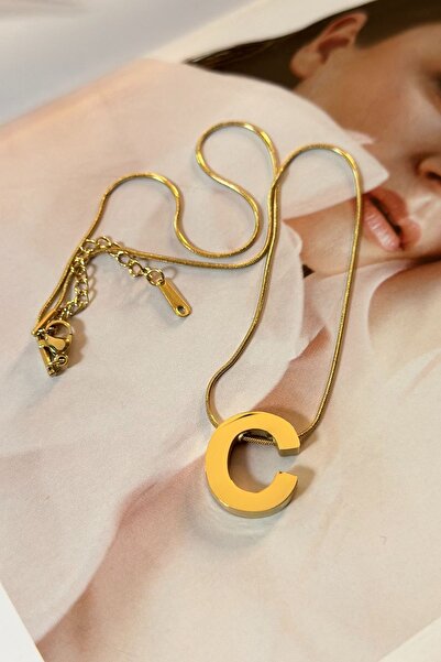 Trendy Butik Çelik Büyük Boy C Harfli Plaka - İtalyan Zincir Kolye