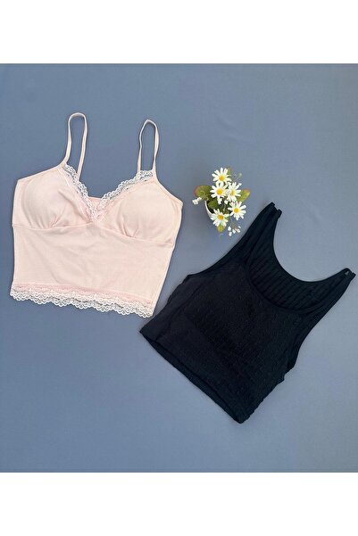 Elbise dünyasi Dantelli Askılı Çıkarılabilir Pedli Büstiyer, Bluz,Crop