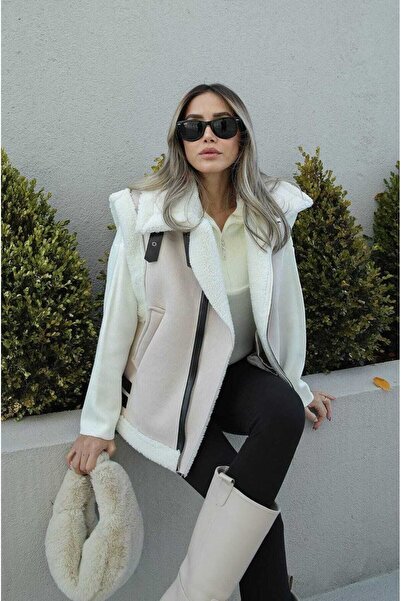 MODA DURAĞI Жіночий жилет із замші, що виглядає як шкіра, високої якості - з хутром всередині