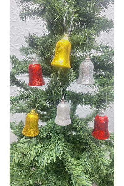 asöy Christmas Pine Tree Ornament Colorful Bell Gold Red Silver Silvery Christmas Tree Ornament Bell Ornament 6 Pieces