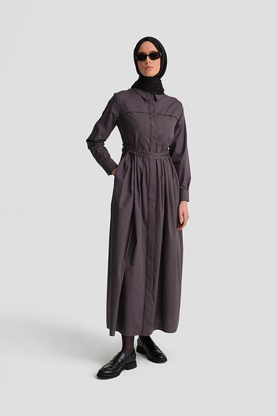 Armine Anthracite Cotton Dress - Cross Belt, Model 24K9903
