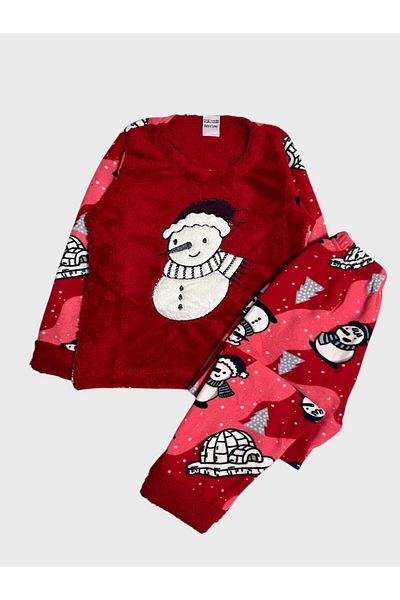Fil Kids Girl's Red Snowman Print Fleece Winter Long Sleeve Pajamas Set