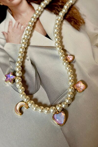 Trendy Butik Opal Star, Moon, Heart and Clover Figured Pearl Necklace