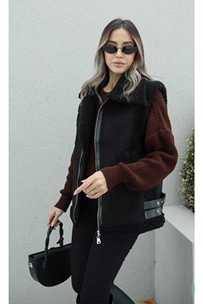 MODA DURAĞI Vestă CALITATE cu aspect de piele de căprioară pentru femei - cu blană în interior