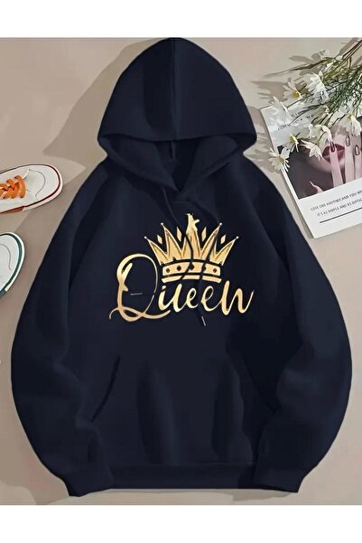 caddekombin Queew Queen Принтирана 2-нишка Шерпа качулка с джобове