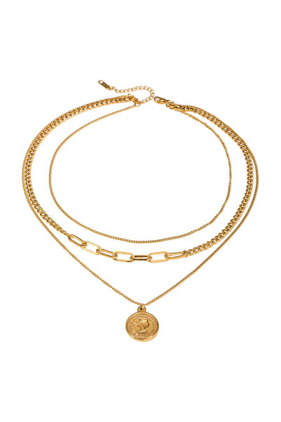 Swen Collection Üçlü Zincirli Yuvarlak İkonlu Çelik Kolye