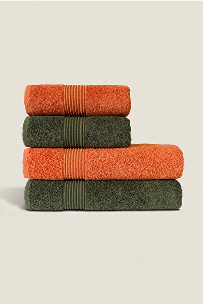 Ellaline 4-Piece Bath Towel Set 100% Cotton Certified Body and Head |   Dowry Box 50X90 - 70X140 Green Orange
