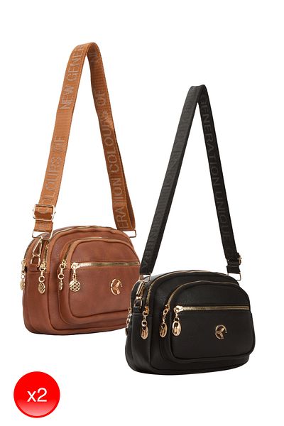 Adelina Bags Geantă de umăr Daily Tan și neagră cu curele încrucișate pentru femei, 2 bucăți