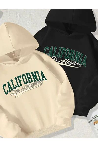 Baxia Colifornia Printed Children's Raised Winter Sweatshirt Beige Black 2 Pack