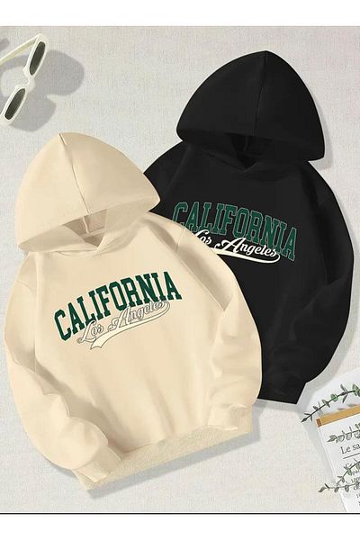 Baxia Colifornia Printed Children's Raised Winter Sweatshirt Beige Black 2 Pack