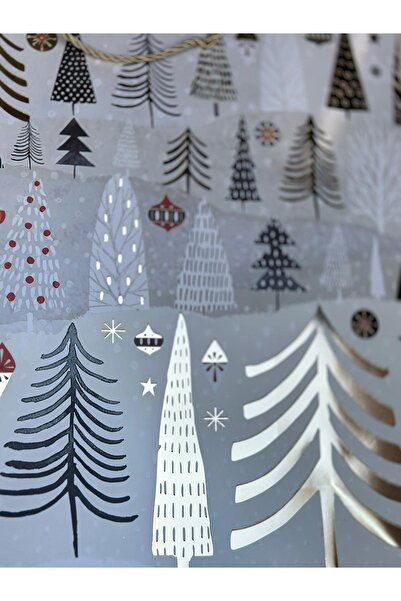 QUEEN AKSESUAR lüks büyük altın varaklı parlak çam ağacı ağaç desenli hediye paketi ip askılı karton çanta yılbaşı