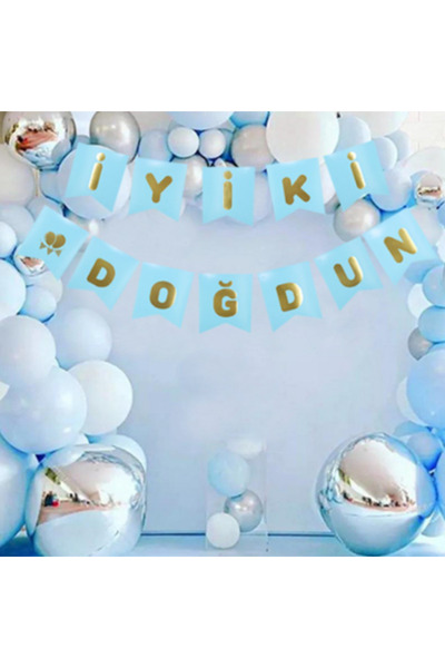 ELAY Banner de la mulți ani, albastru, aurit, cu inscripție în limba engleză