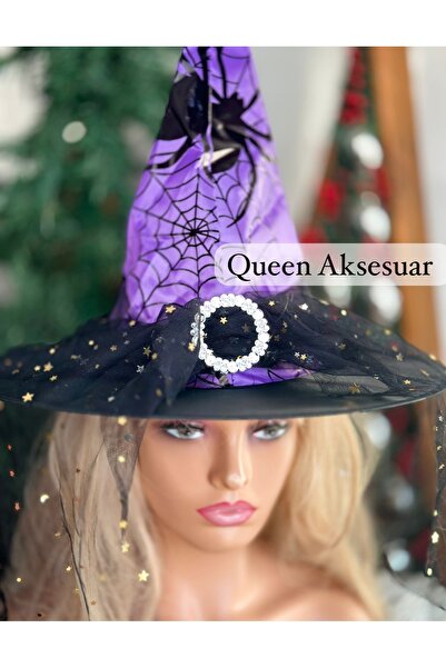 QUEEN AKSESUAR lüks broşlu dantel tüllü cadı şapkası parti yılbaşı halloween ...