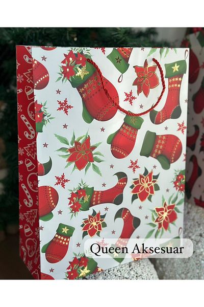 QUEEN AKSESUAR Bright Floral Pattern - Imported Large Gold Leaf Christmas Gift Package, Rope Strap Cardboard Bag, New Year