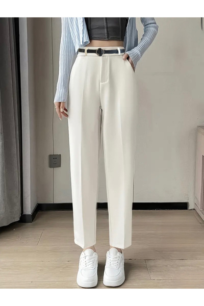 Heyya Жіночі вузькі штани з плісированими штанинами, чорним поясом і білою тканиною до щиколоток