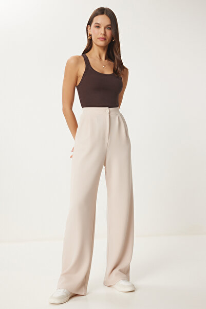 Lovelyİstanbul Relaxed Fit Lycra Knitted Palazzo Trousers - Cream Lrv0019