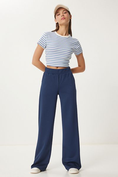 Lovelyİstanbul Pantaloni interlock confortabili cu picioare largi ALBASTRU ÎNCHIS - LUB0067