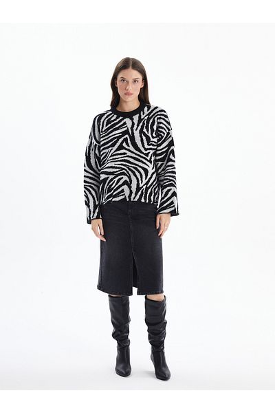 Dexia Messina Zebra Print Crew Neck Knit Detail Sweater - Zebra Color