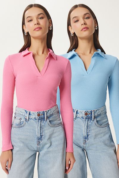 Lovelyİstanbul Polo Neck Ribbed 2 Pack Knitted Blouse Skin Blue Pink Lgt0033