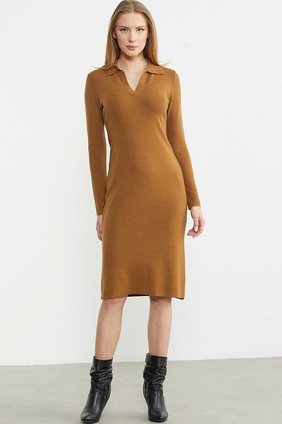 Sementa Βασικό Πλεκτό Φόρεμα Polo Neck - Kamel