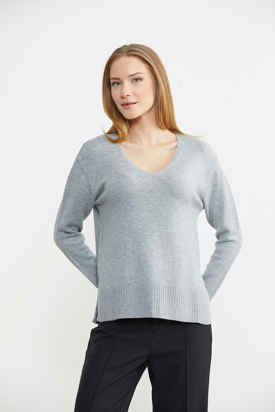 Sementa Loose V-Neck Basic Knitwear Sweater - Gray