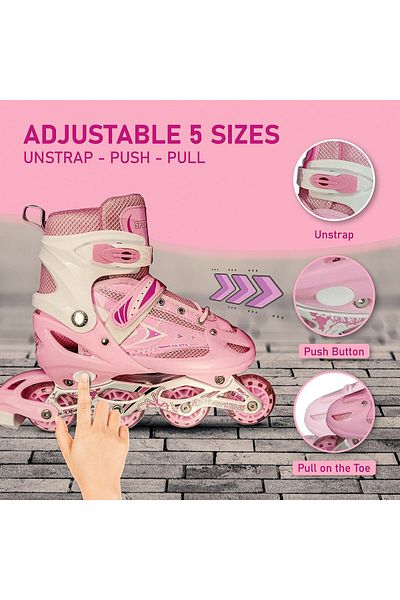 VEERA Inline Adjustable Skating Shoes | Pink, Size 39-43 Eur, Flash Front Wheel, Aluminium Chassis