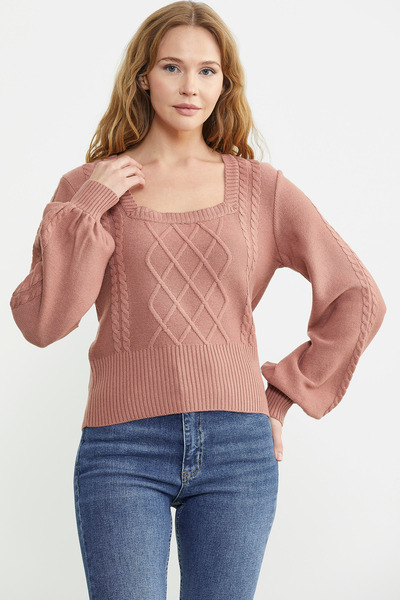 Sementa Square Neck Wide Sleeve Knitwear Sweater - Rose