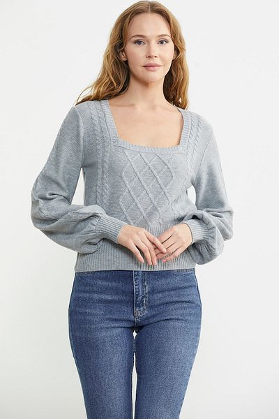 Sementa Pulover din tricot cu mânecă largă cu gât pătrat - gri