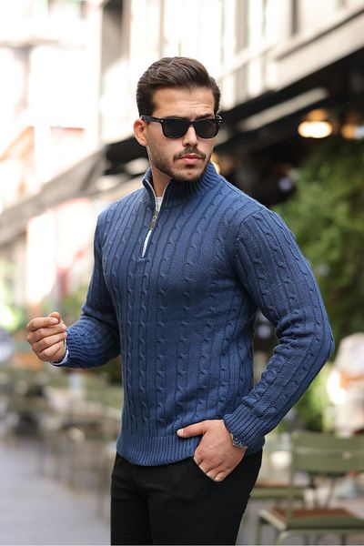 Valiberta Hair Braided Half Zipper Men's Knitwear Sweater - Indigo