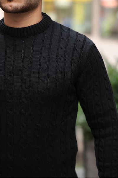 Valiberta Hair Braided Crew Neck Men's Knitwear Sweater - Black