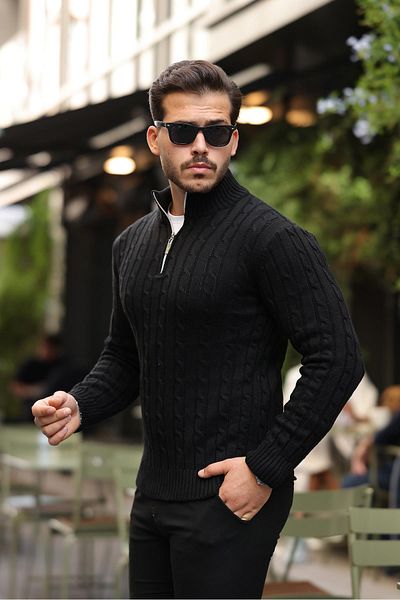 Valiberta Hair Braided Half Zipper Men's Knitwear Sweater - Black