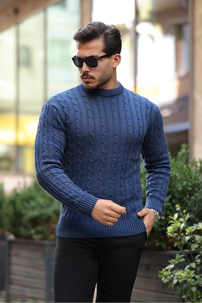 Valiberta Hair Braided Crew Neck Men's Knitwear Sweater - Indigo