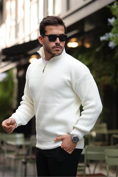 Valiberta Men's Knitwear Sweater - Thessaloniki Knit, Half Zipper, Oversize - Ecru