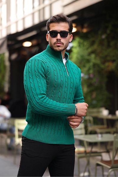 Valiberta Hair Braided Half Zipper Men's Knitwear Sweater - Green
