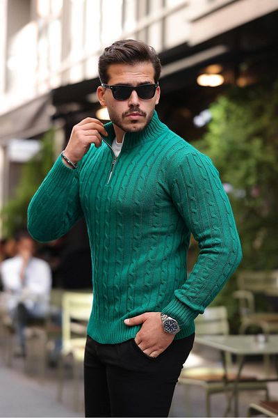 Valiberta Hair Braided Half Zipper Men's Knitwear Sweater - Green