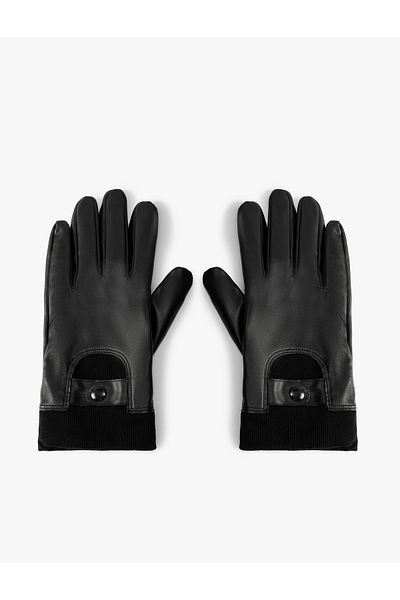 Koton Faux Leather Gloves Fleece Lined with Snap Button Detail