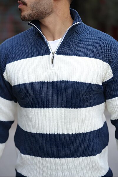 Valiberta Pedro Oversize Çizgili Selanik Örgülü Yarım Fermuar Triko Erkek Kazak - İndigo