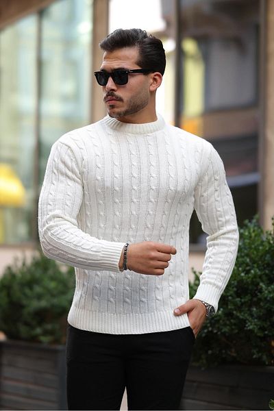 Valiberta Men's Knitwear Sweater - Hair Braided, Crew Neck, Ecru