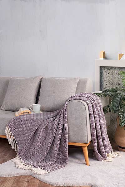 Evim Cotton Alder Ecru Purple Sofa Shawl - 130X170 cm