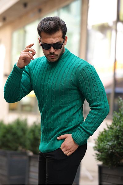 Valiberta Hair Braided Crew Neck Men's Knitwear Sweater - Green
