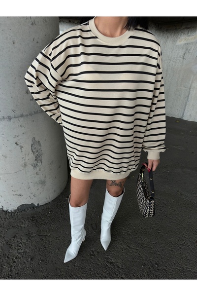 BEJNA Women's Black Striped Oversize Sweatshirt