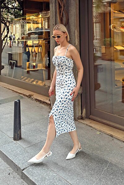 Swist Beyaz Venüs İp Askılı Çıtır Çiçek Desenli Yırtmaçlı Kadın Midi Elbise