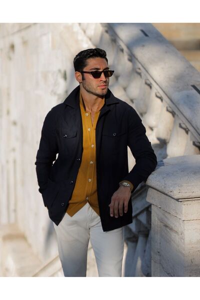 hateko Cotton-bamboo Mustard Shirt Collar Knitwear Cardigan